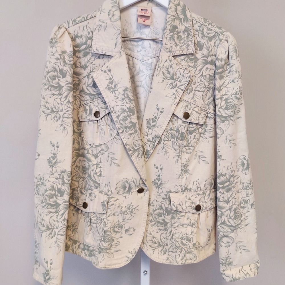 Faded Glory Women 14 Floral Denim Blazer Jacket Sage Green Rose Cottage Grandma